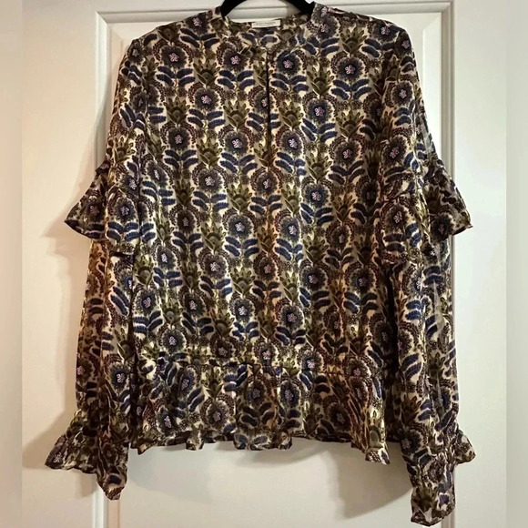 SCOTCH & SODA Ruffle Top Beautiful Floral Blue Pink Black Gold Size Large - Picture 7 of 15